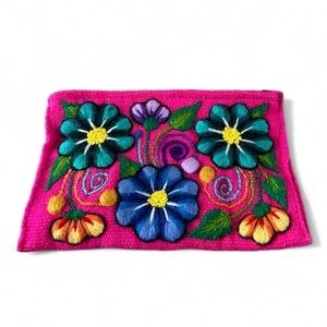 Peruvian Handmade Hot Pink & Blue Teal Floral Embroidered Clutch Bag Like New